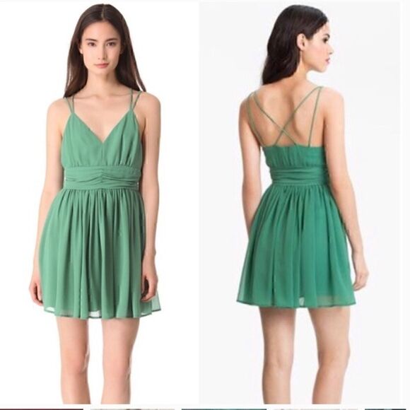 BB Dakota Dress Womens Size 4 Edie chiffon Mini fit and flare Green Pleated - Picture 1 of 7